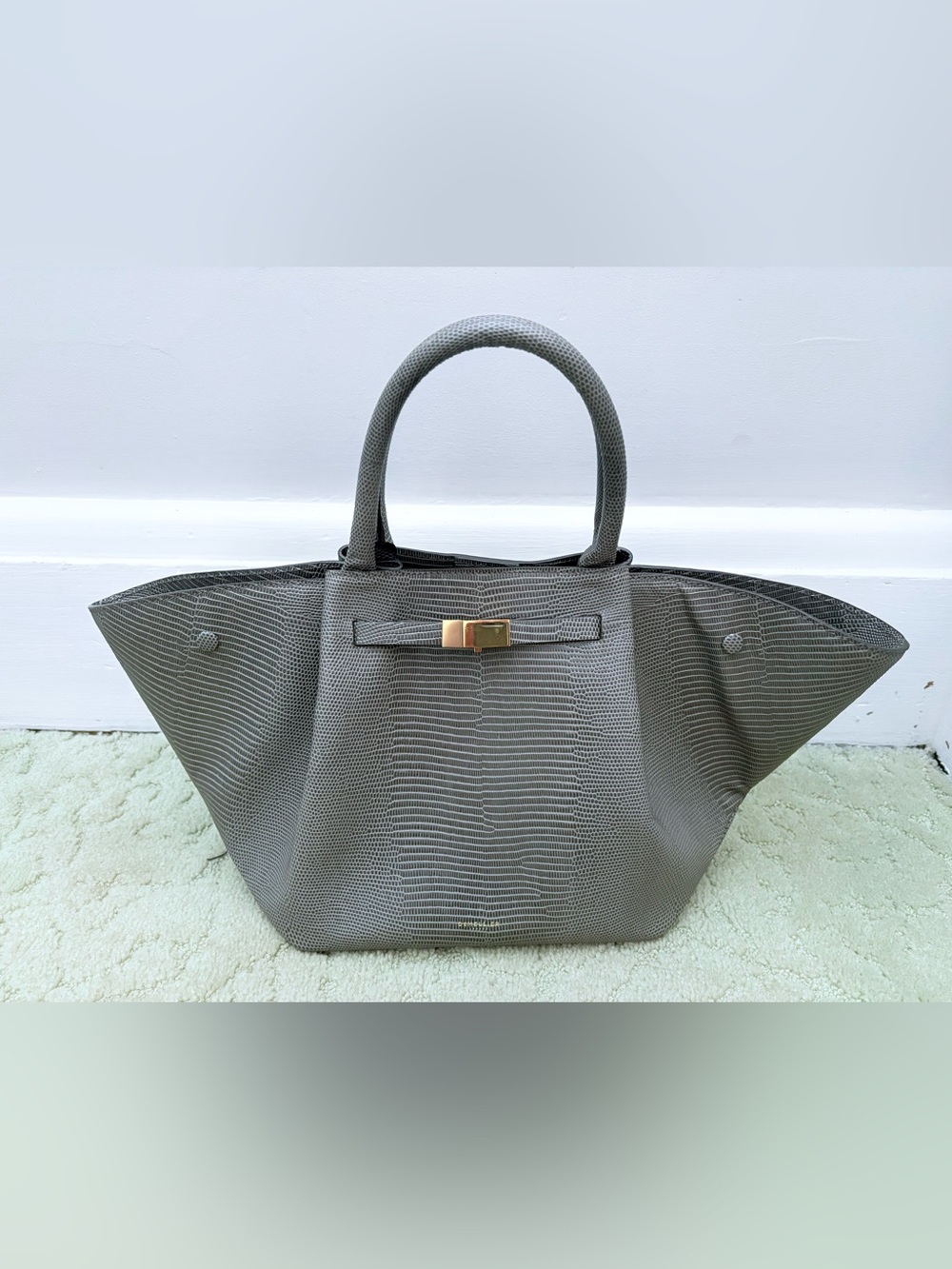 DeMellier The Midi New York Embossed Lizard Gray Tote with Gold Hardware